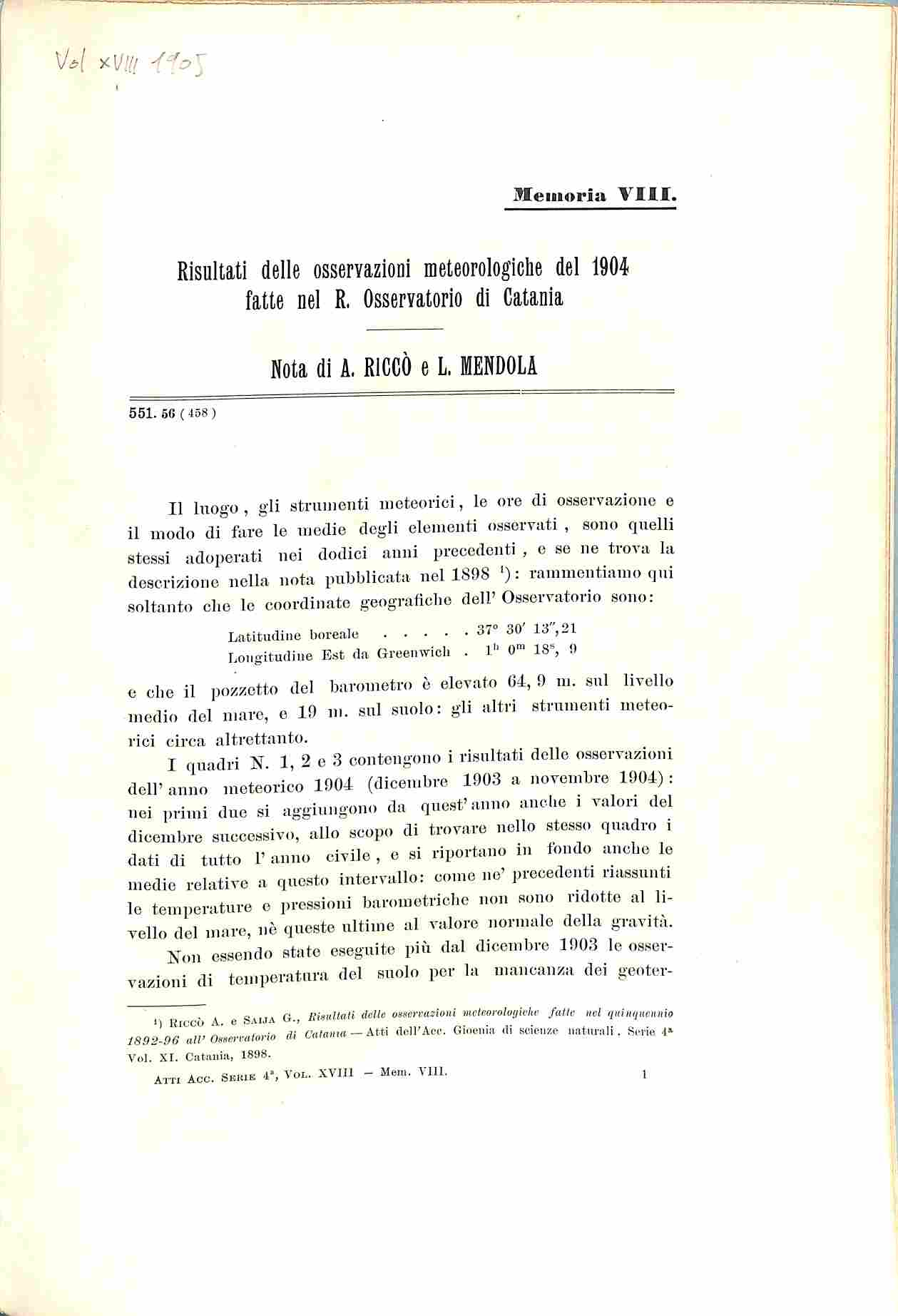 Risultati delle osservazioni meteorologiche del 1904 fatte nel R. Osservatorio di Catania   UNITO A Osservazioni meteorologiche del 1906 fatte nel R. Osservatorio di Catania